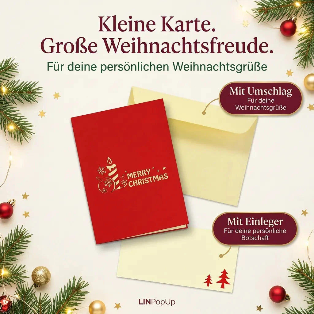 Geschlossene rote Weihnachtskarte mit Kerzenmotiv und Merry-Christmas-Schriftzug, hellgelbem Umschlag und länglichem Einleger