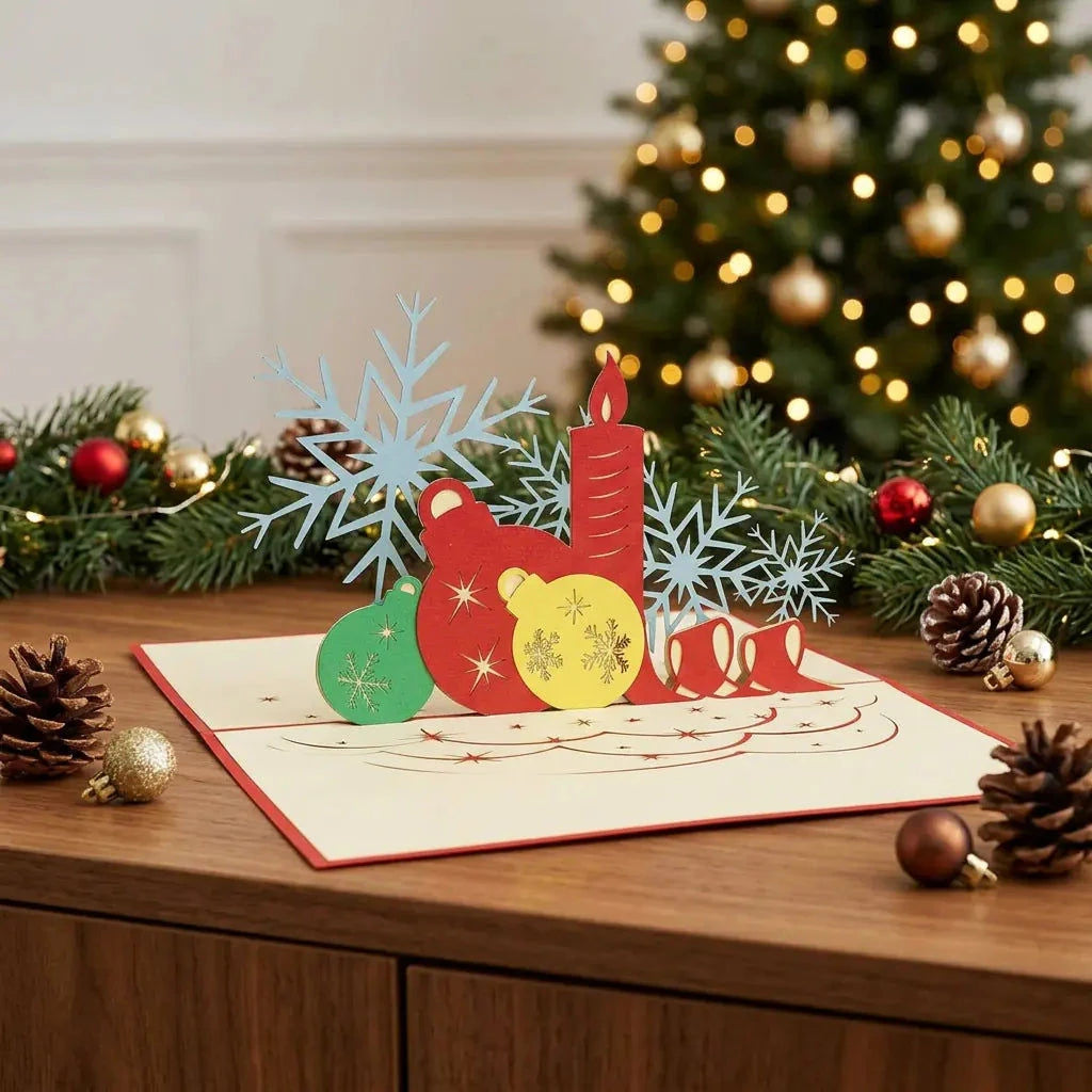 Offene Pop-Up-Karte mit Papierkerze, bunten Kugeln und blauen Schneeflocken auf einem Sideboard mit festlicher Weihnachtsdeko