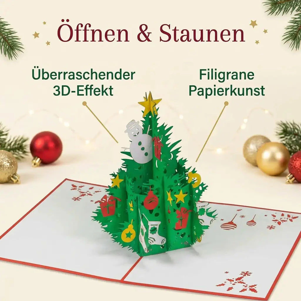 Grüne Weihnachtsbaum-Pop-Up-Karte mit gelbem Stern und buntem Schmuck sowie Hinweisen auf 3D-Effekt und filigrane Papierkunst