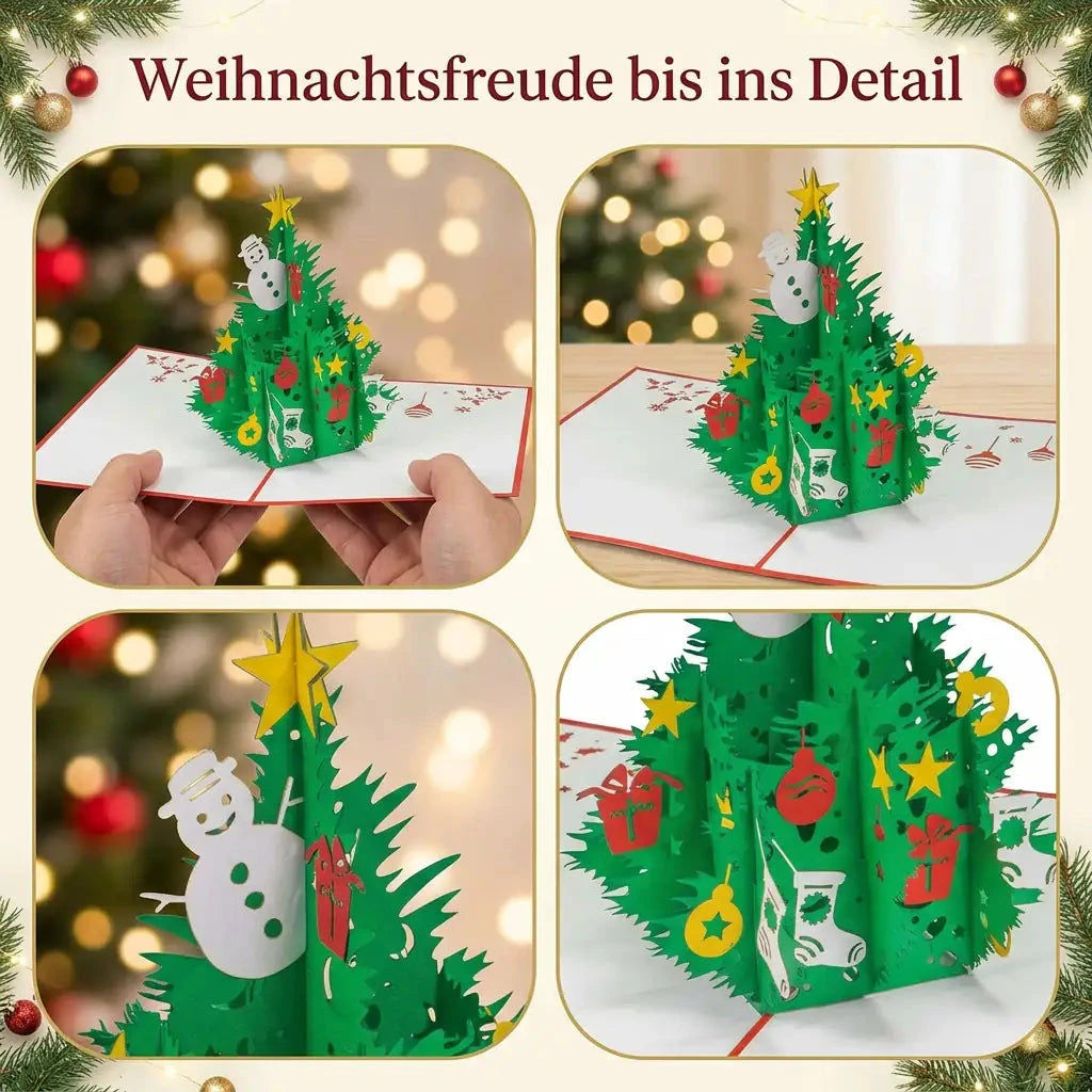 Detail-Collage der Weihnachtsbaum-Pop-Up-Karte mit Karte in Händen und Nahaufnahmen von gelbem Stern und buntem Papierschmuck