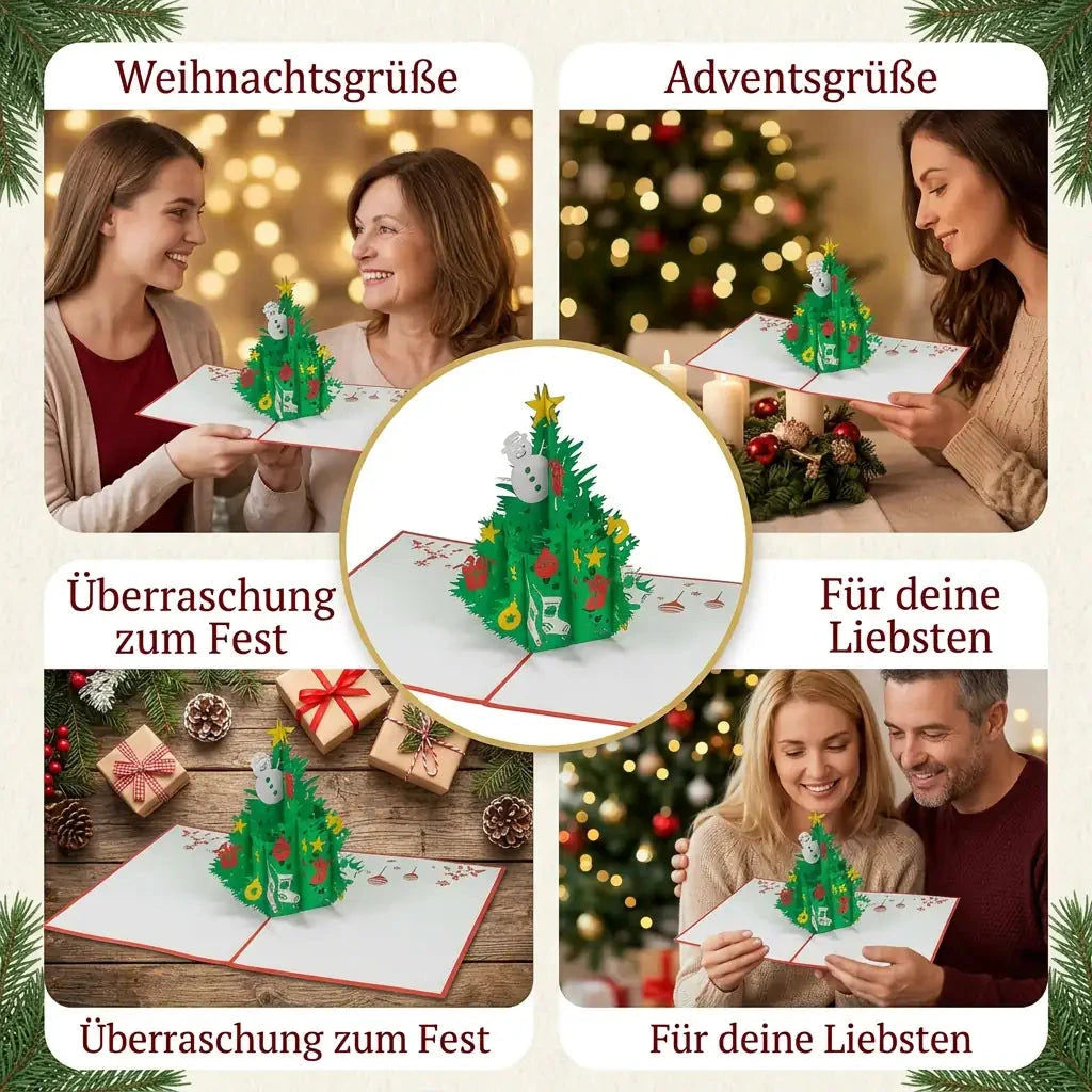 Weihnachtsbaum-Pop-Up-Karte in vier festlichen Szenen als Weihnachtsgruß, Adventsgruß und Überraschung für die Liebsten
