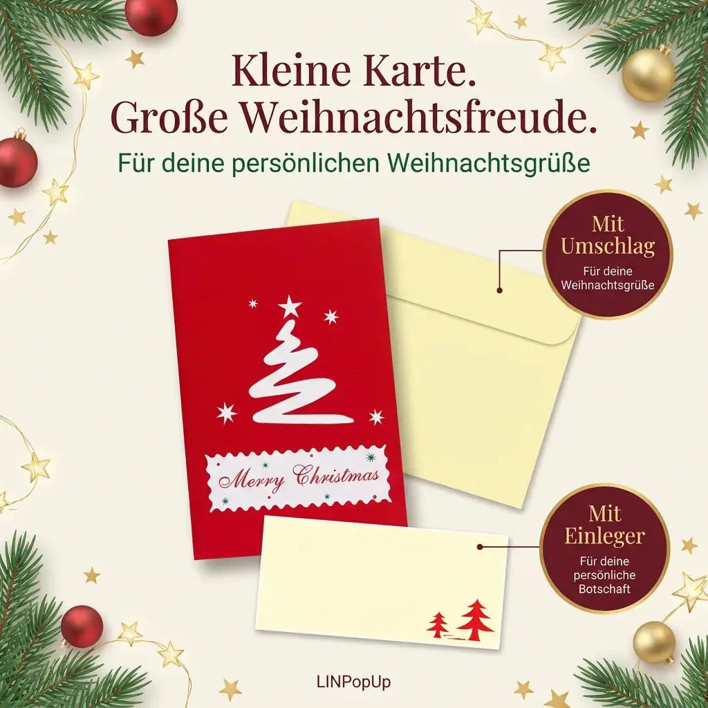 Geschlossene rote Weihnachtskarte mit weißem Tannenbaummotiv, hellgelbem Umschlag und länglichem Einleger mit roten Tannen