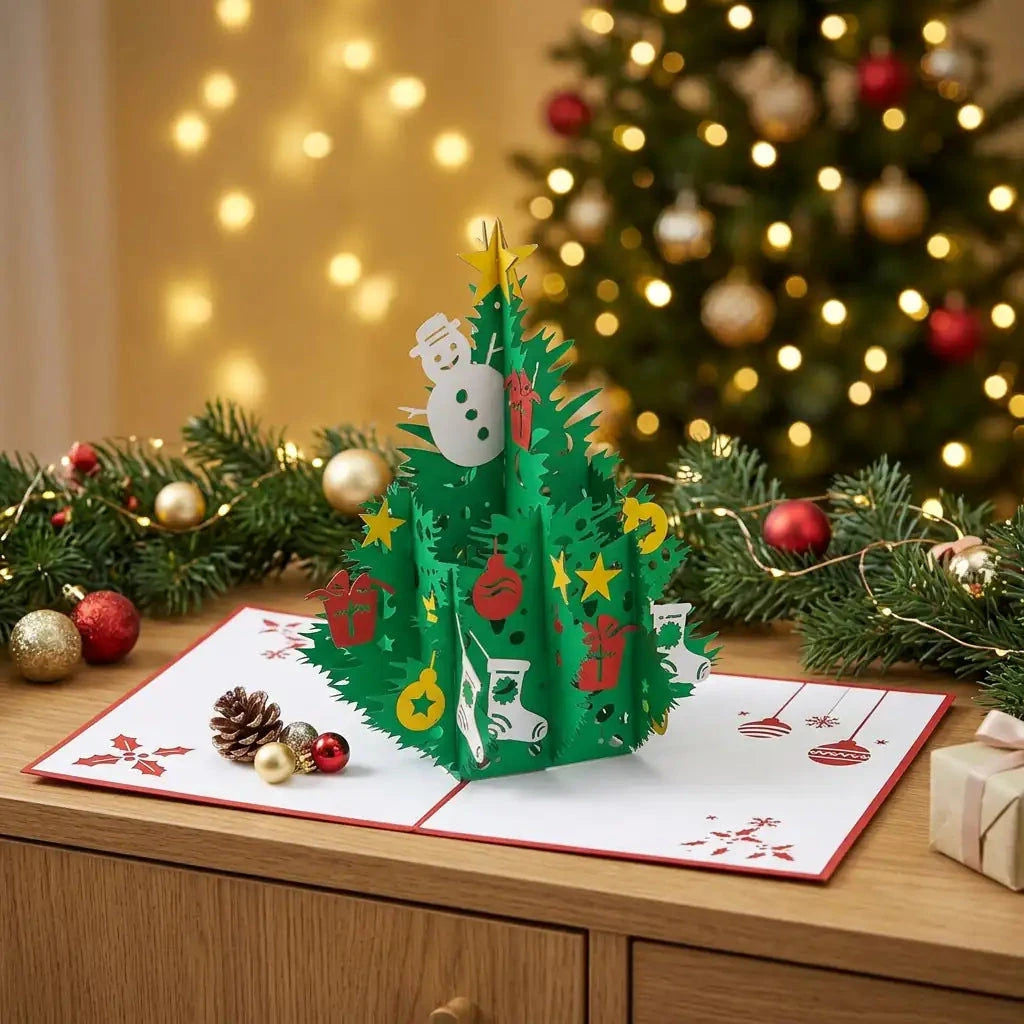 Offene Weihnachtsbaum-Pop-Up-Karte auf einem Sideboard mit Tannengrün, roten und goldenen Weihnachtskugeln und warmen Lichtern