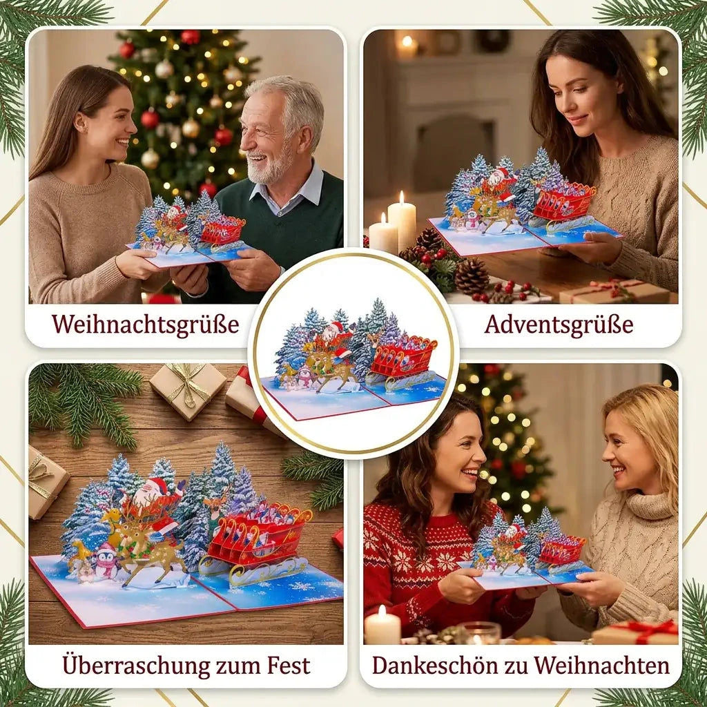 Rentierschlitten-Pop-Up-Karte in vier weihnachtlichen Szenen beim Verschenken und als festlicher Gruß