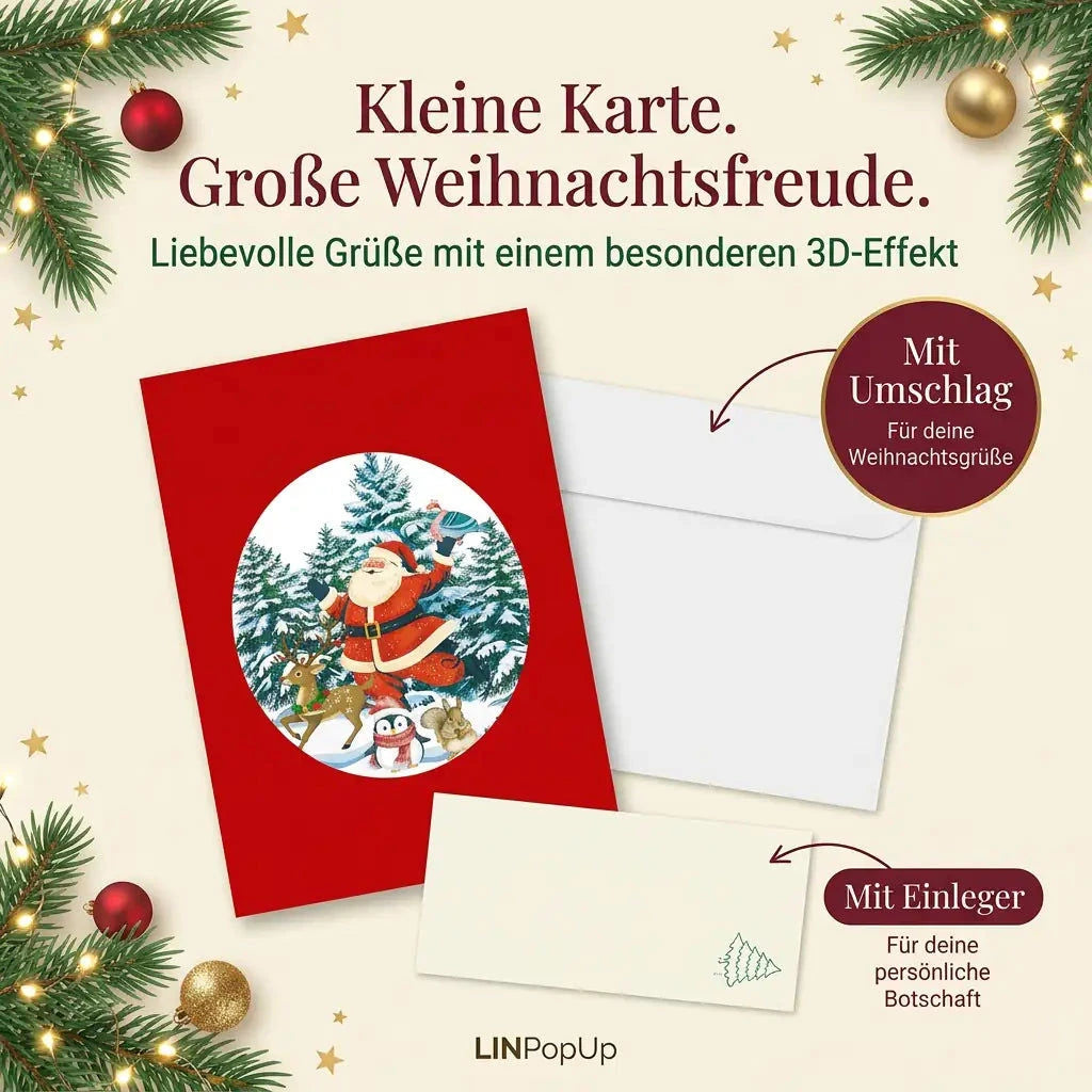 Pop-Up Weihnachtskarte 3D Weihnachtsmann mit Rentierschlitten im Wald | LINPopUp LINPopUp 17882-N466
