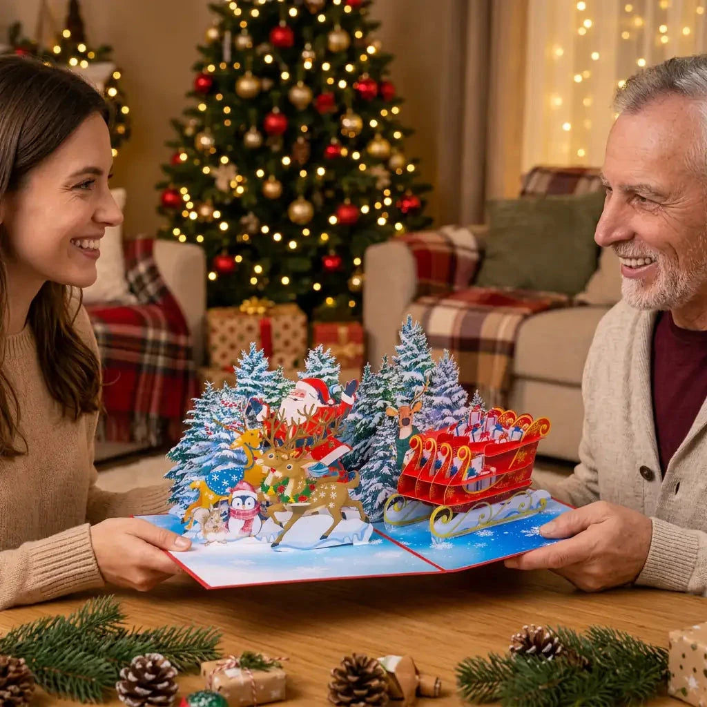 Eine Tochter überreicht ihrem Vater die offene Rentierschlitten-Pop-Up-Karte in weihnachtlicher Umgebung