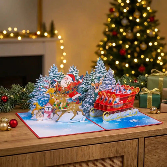 Pop-Up Weihnachtskarte 3D Weihnachtsmann mit Rentierschlitten im Wald | LINPopUp LINPopUp 17882-N466