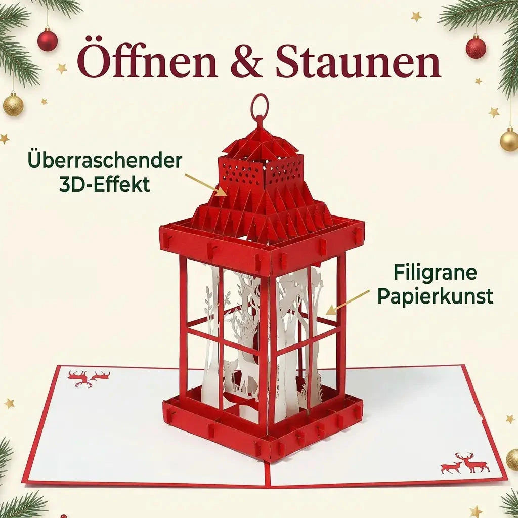 Rote Papierlaternen-Pop-Up-Karte mit weißer Winterszene und Hinweisen auf den 3D-Effekt und die filigrane Papierkunst