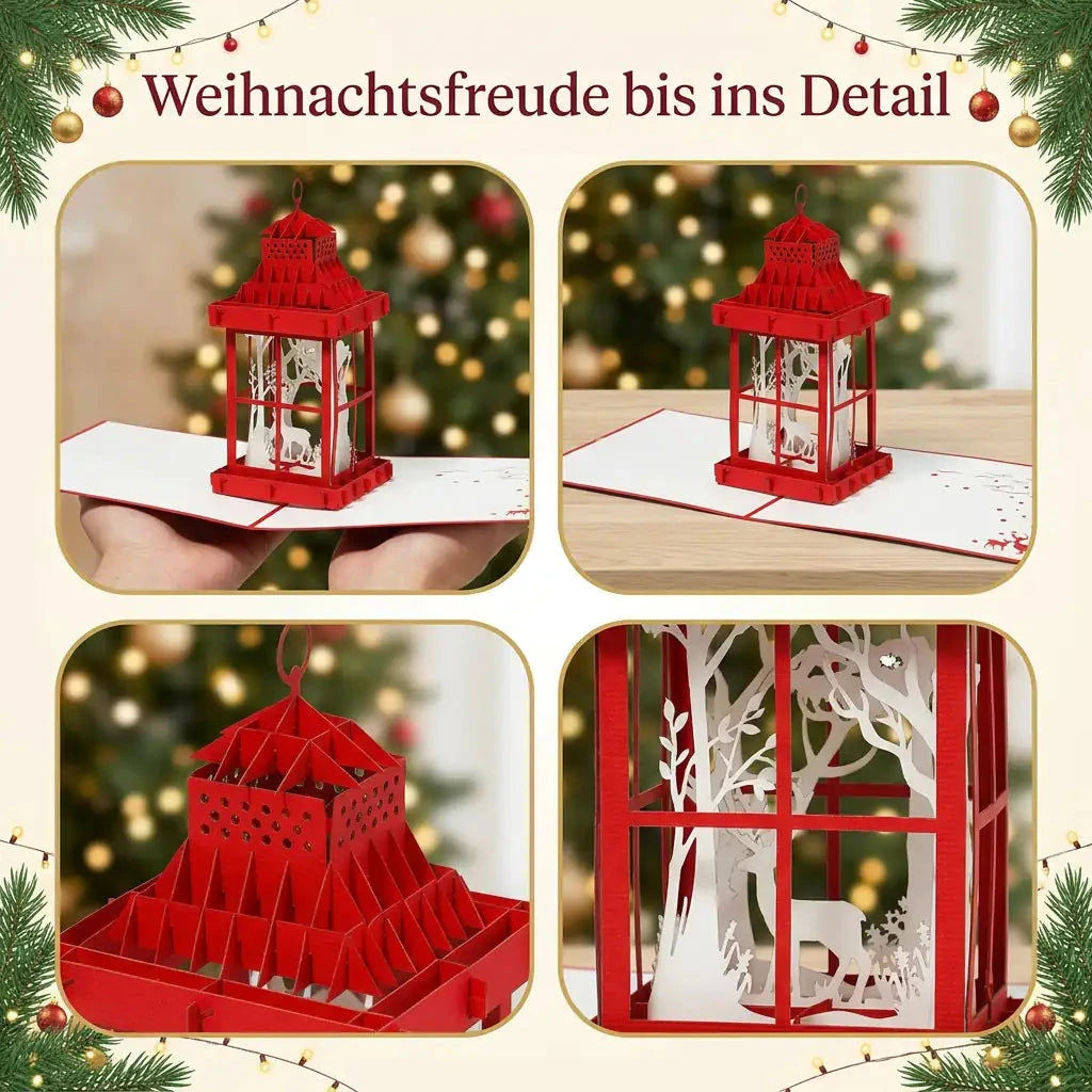 Detail-Collage der Papierlaternen-Weihnachtskarte mit Karte in Händen und Nahaufnahmen von rotem Dach und weißer Winterszene