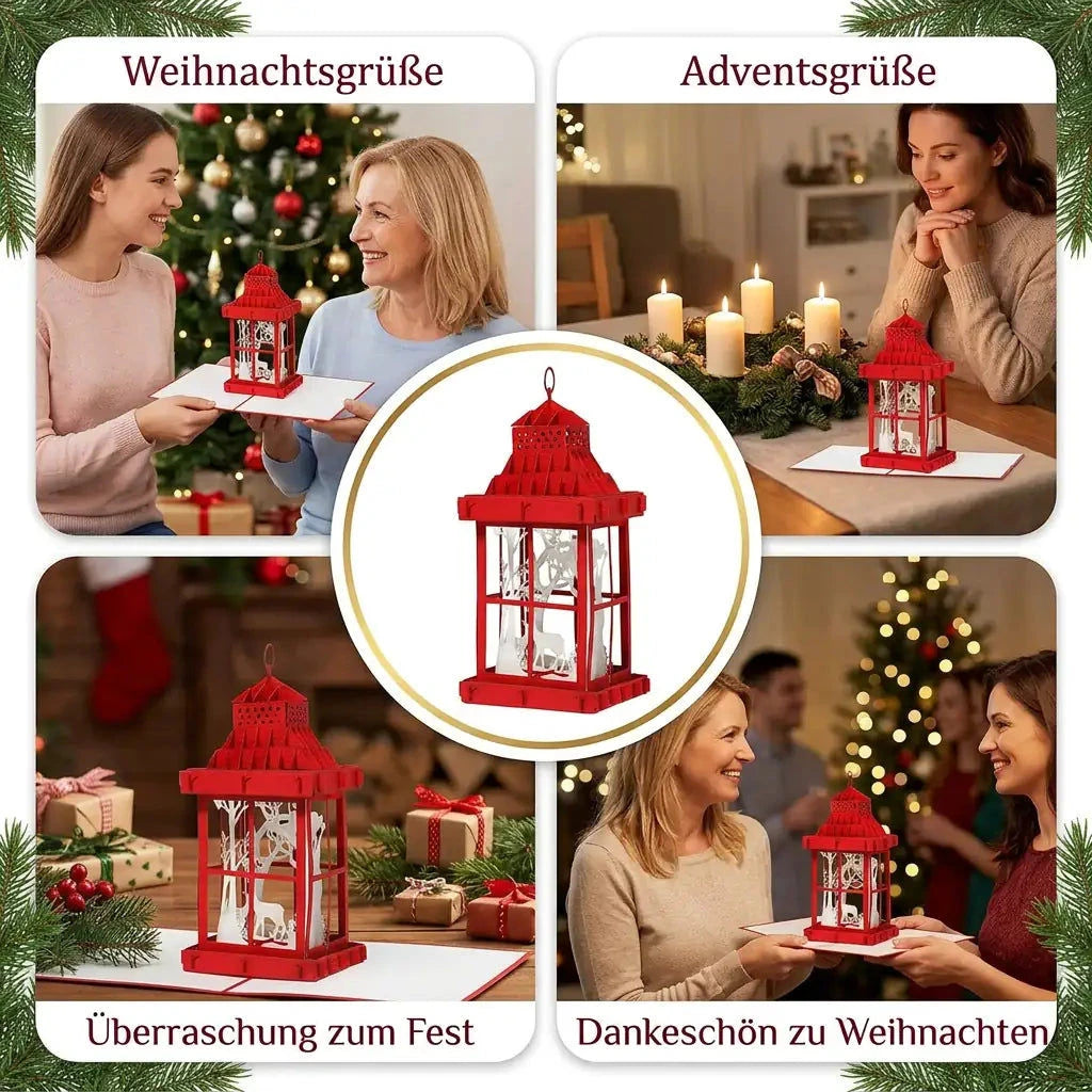 Rote Papierlaternen-Pop-Up-Karte in vier festlichen Szenen als Weihnachtsgruß, Adventsgruß und persönliches Dankeschön