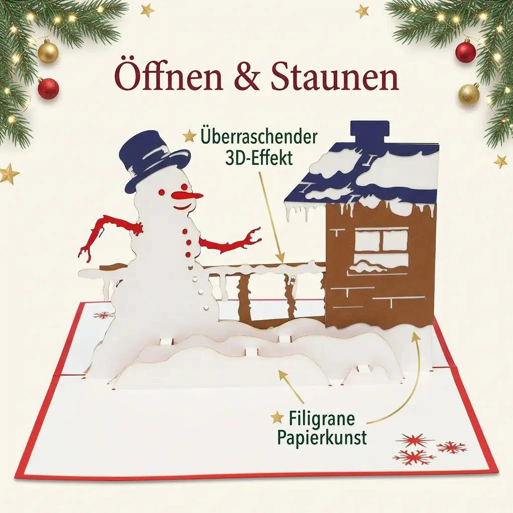 Schneemann-am-Haus-Pop-Up-Karte mit mehrlagigen Papier-Schneebänken und Hinweisen auf 3D-Effekt und filigrane Papierkunst