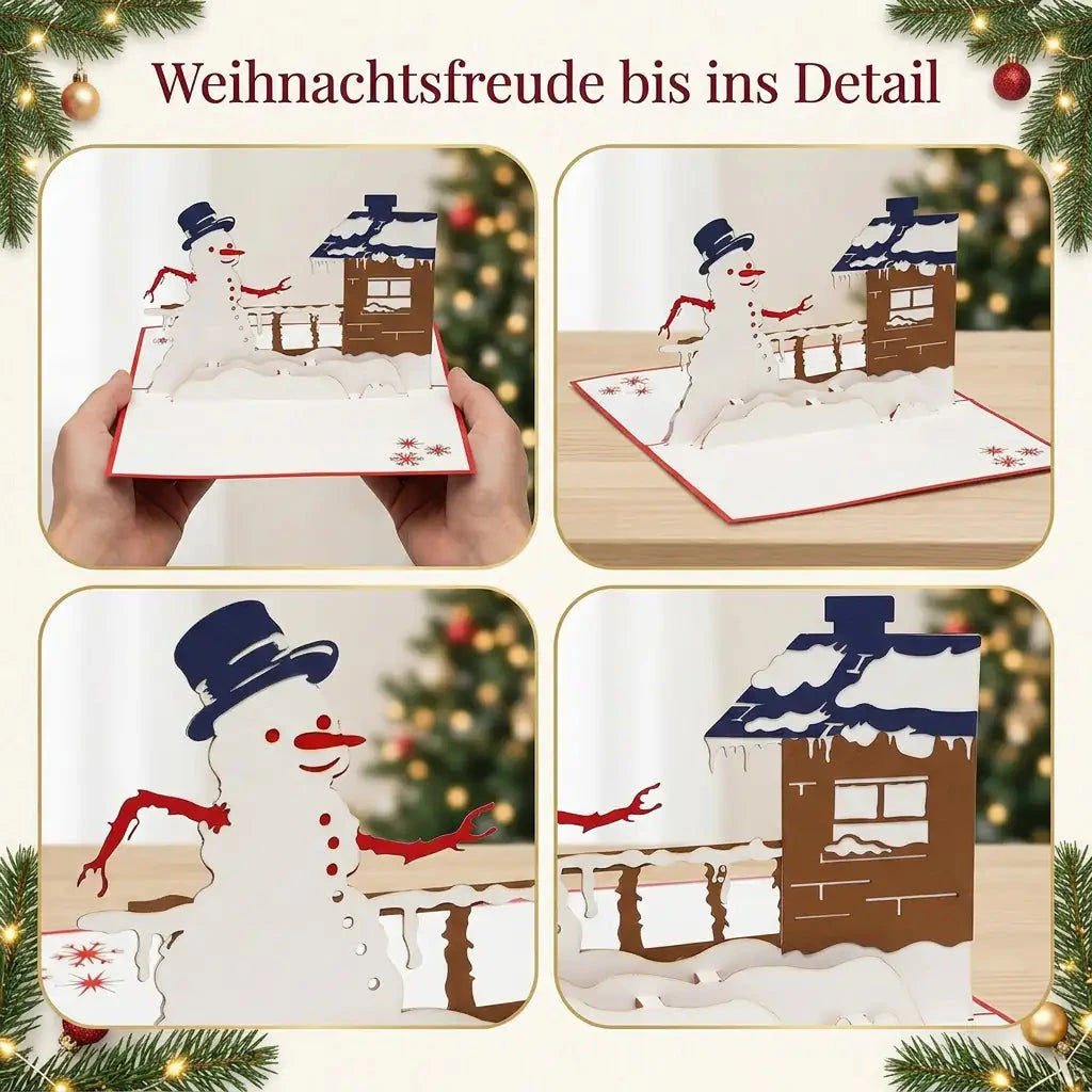 Detail-Collage der Schneemann-am-Haus-Karte mit offener Karte in Händen und Nahaufnahmen von Schneemann, Haus und Schneebänken