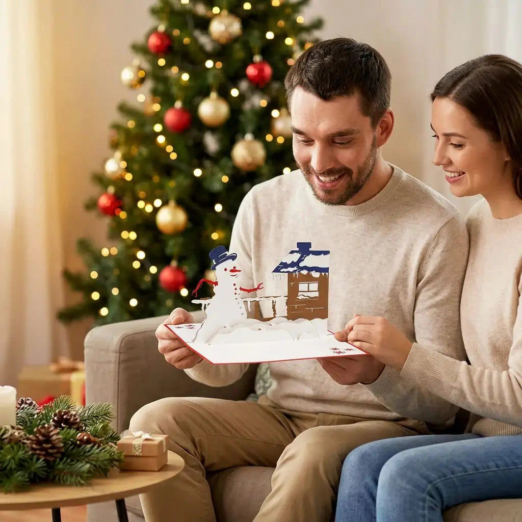 Ein Vater entdeckt freudig die geöffnete Schneemann-am-Haus-Pop-Up-Karte, während seine Tochter neben ihm lächelt