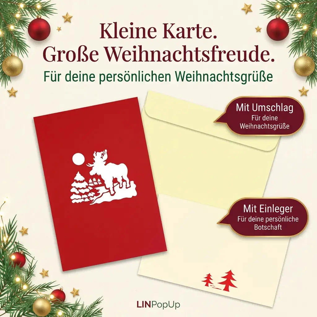 Rote Weihnachtskarte mit weißem Elchmotiv, hellgelbem Umschlag und länglichem Einleger mit zwei roten Tannen