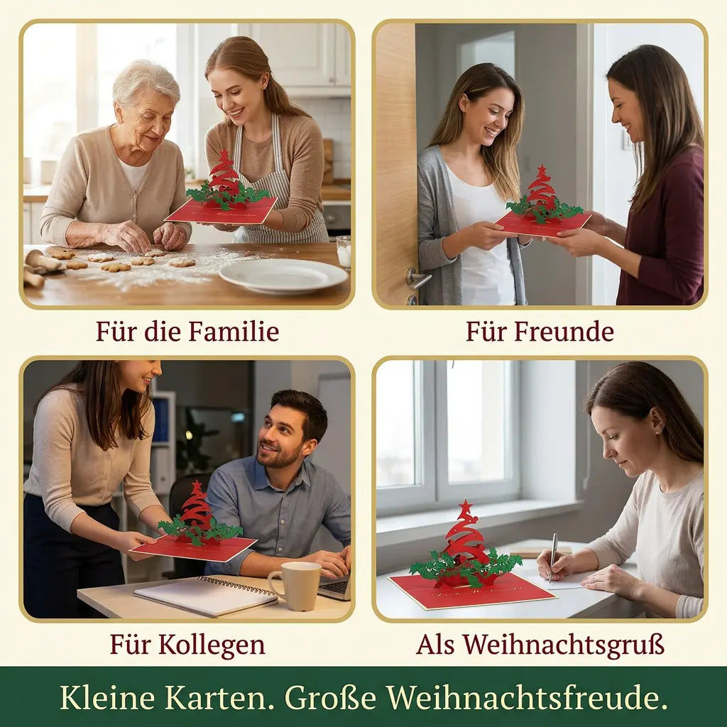 Vier Alltagsszenen mit der roten Pop-Up-Tannenbaumkarte als Geschenk für Familie, Freunde und Kollegen sowie beim Schreiben eines Weihnachtsgrußes