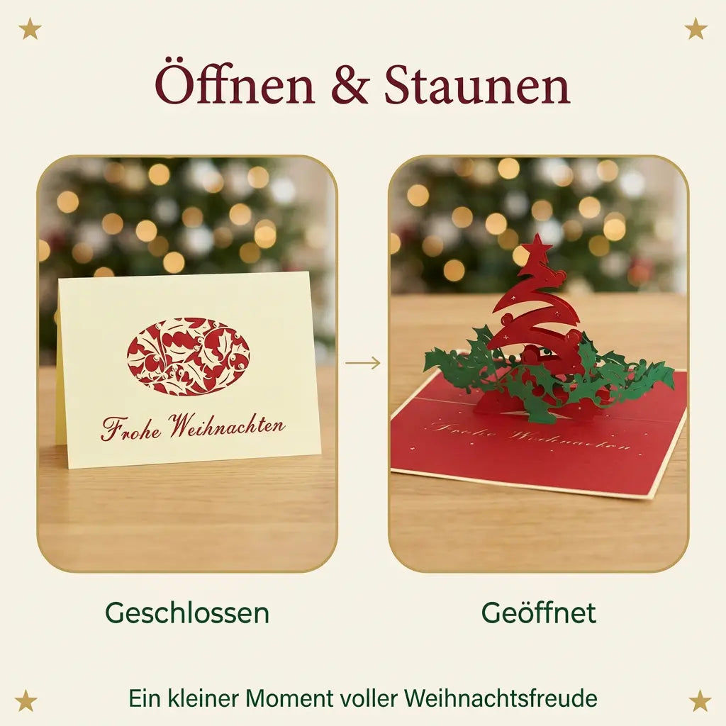 Weihnachtskarte im Vergleich: geschlossen mit heller Lemon-Vorderseite und rotem Blattornament, geöffnet mit rotem 3D-Tannenbaum und grünen Zweigen.