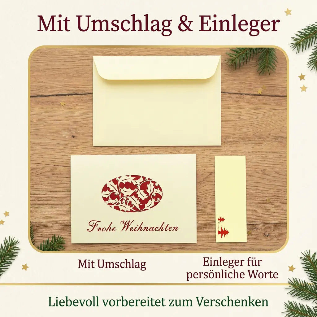 Geschlossene Weihnachtskarte in hellem Lemon mit rotem Blattornament, passendem Umschlag und schmalem Einleger für persönliche Worte.