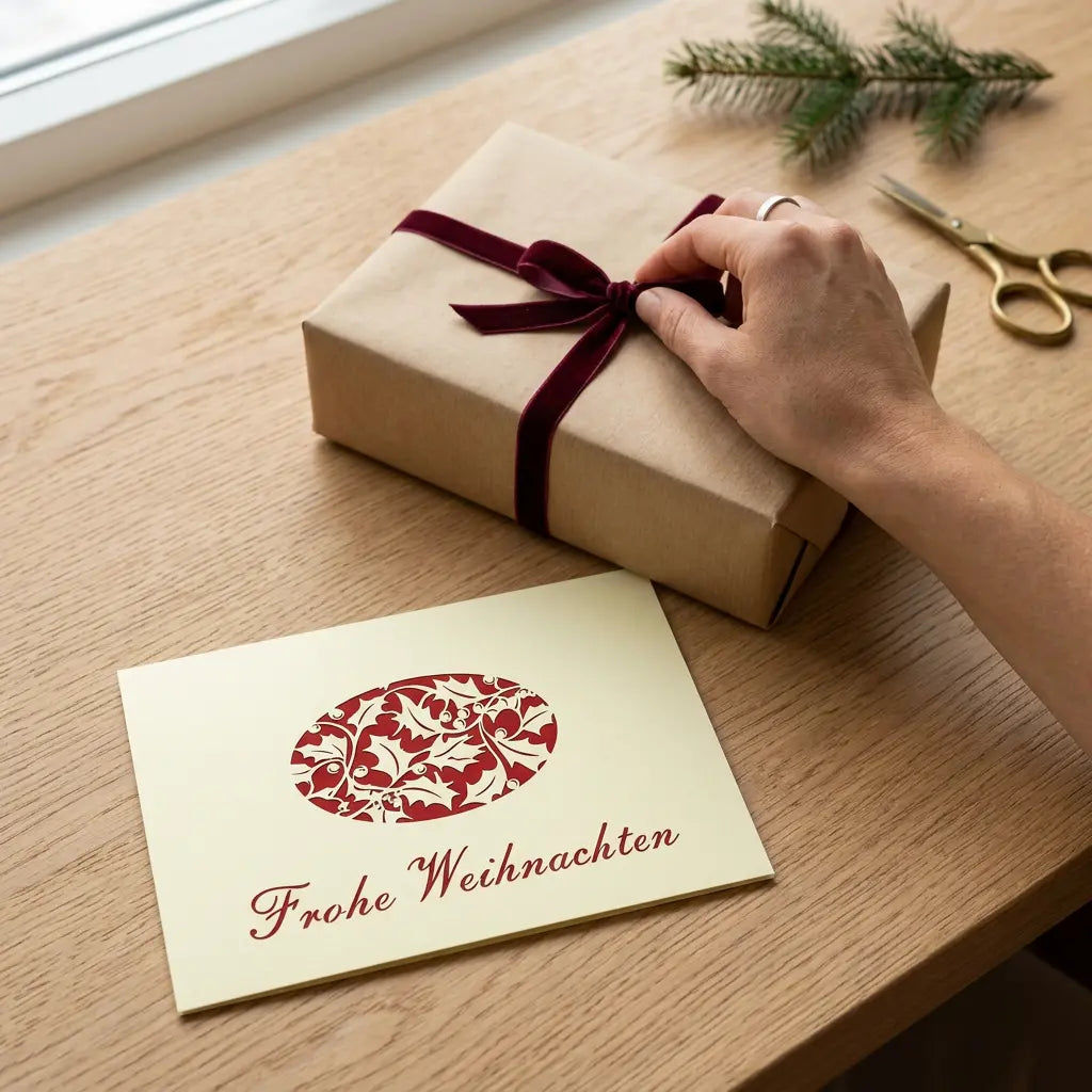 Hell lemonfarbene Weihnachtskarte mit rotem Blattornament neben einem in Kraftpapier verpackten Weihnachtsgeschenk mit bordeauxroter Schleife.