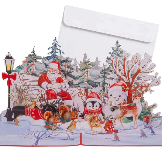 Pop-Up Weihnachtskarte 3D Weihnachtsmann im Park mit Tieren | LINPopUp LINPopUp 17881-N461