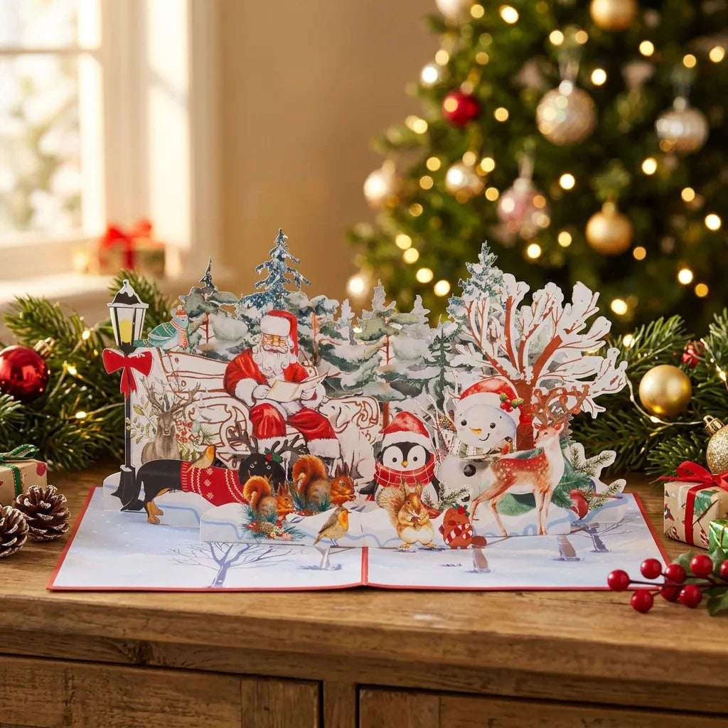 Pop-Up Weihnachtskarte 3D Weihnachtsmann im Park mit Tieren | LINPopUp LINPopUp 17881-N461