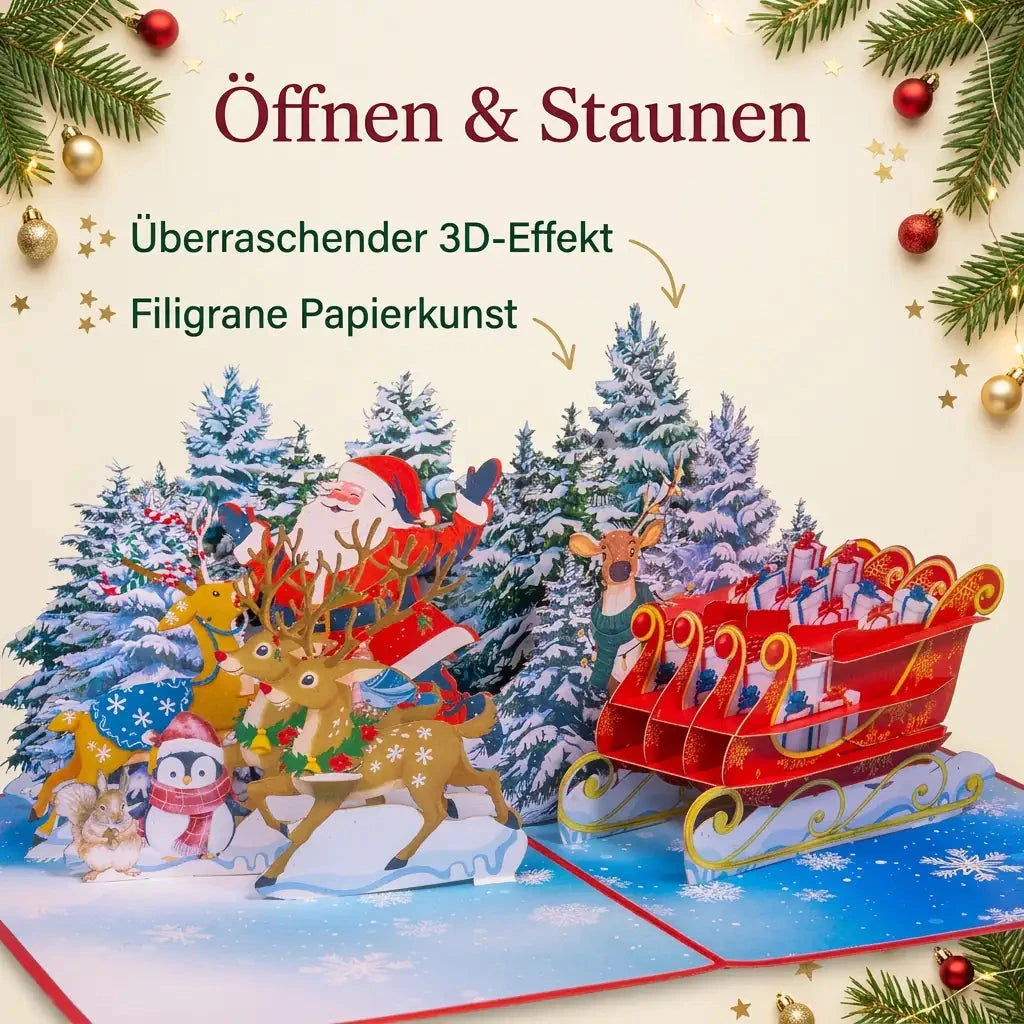 Pop-Up Weihnachtskarte 3D Weihnachtsmann mit Rentierschlitten im Wald | LINPopUp LINPopUp 17882-N466