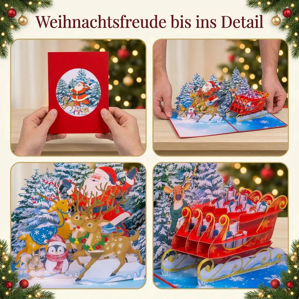 Detail-Collage der Rentierschlitten-Weihnachtskarte mit Cover, offener Karte in Händen und Nahaufnahmen der Papiermotive