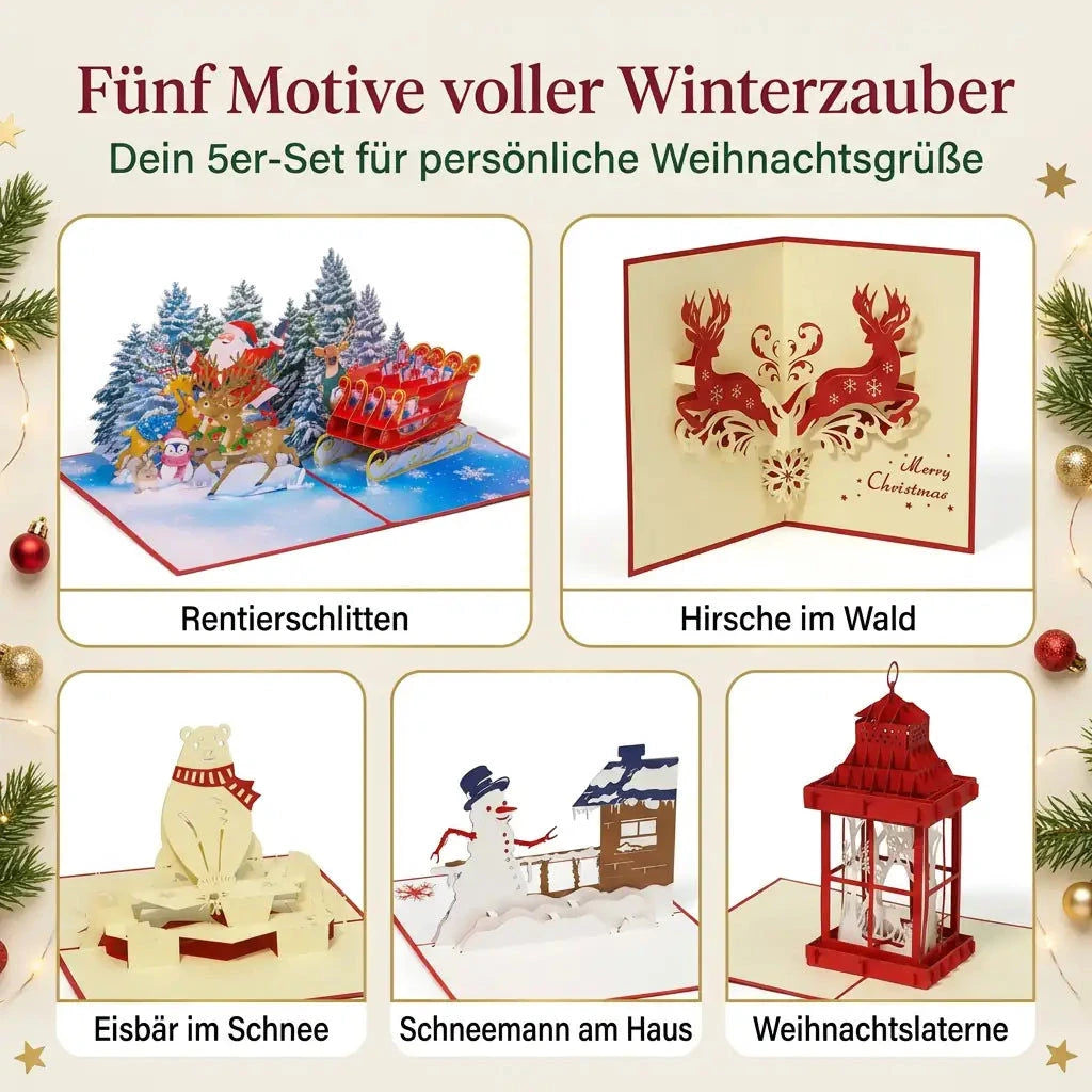 5er-Set Pop-Up-Weihnachtskarten Winterzauber mit Rentierschlitten, Hirschen, Eisbär, Schneemann am Haus und Laterne