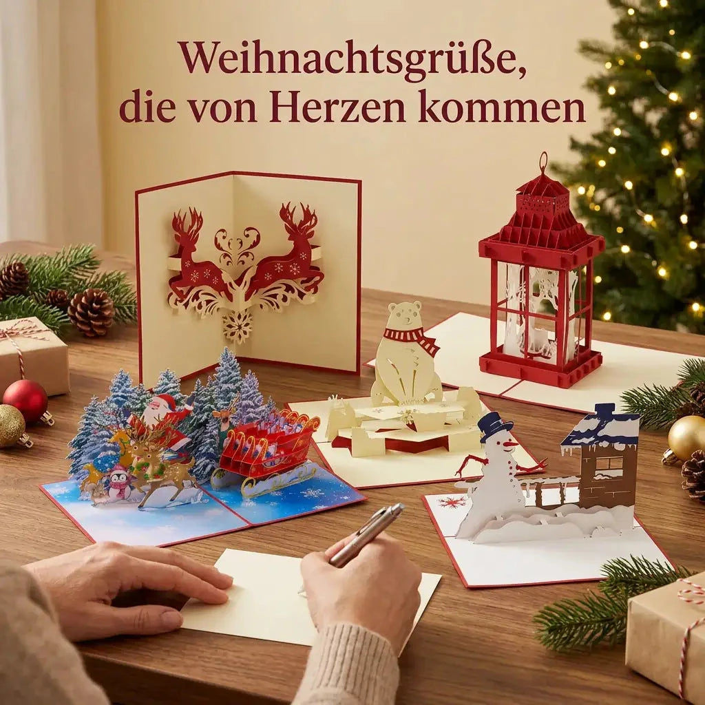 Fünf Pop-Up-Weihnachtskarten des Sets Winterzauber auf einem festlichen Schreibtisch beim Schreiben persönlicher Grüße