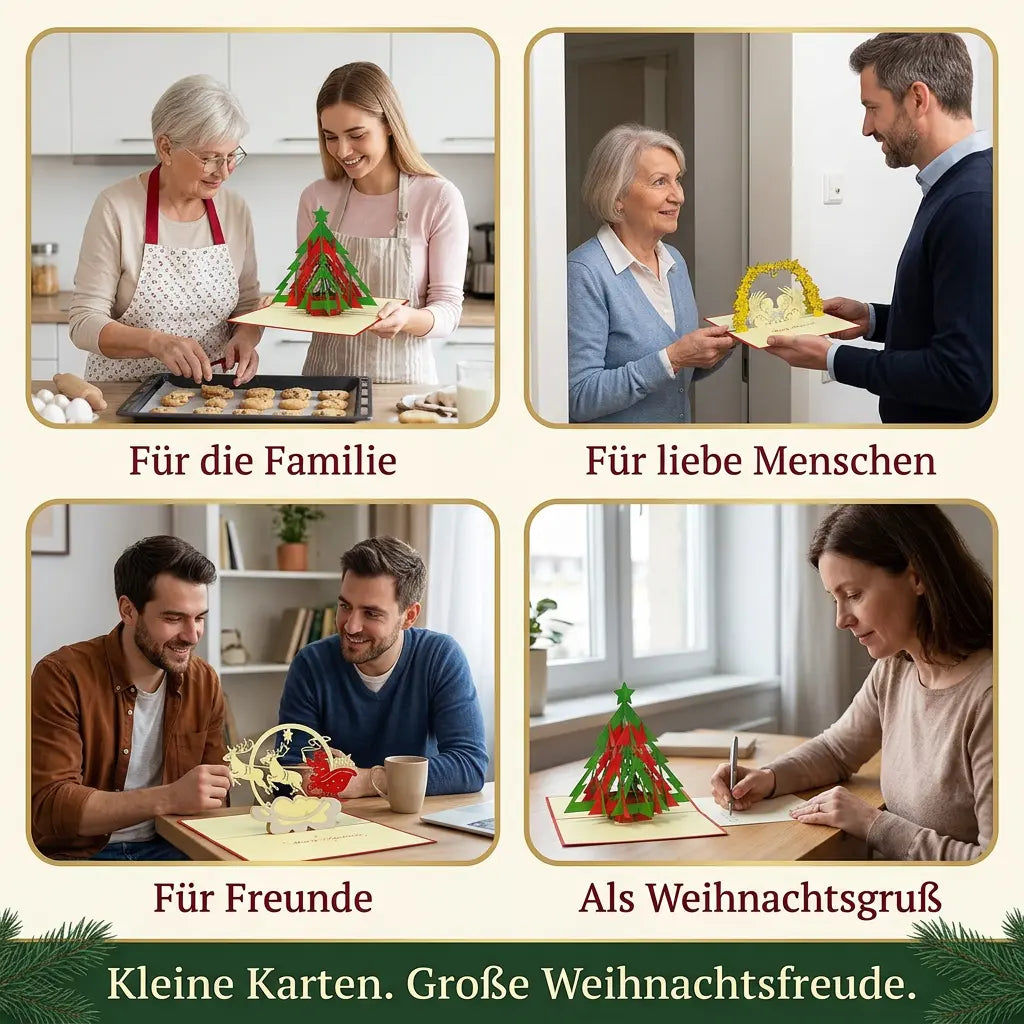 Vier Alltagsszenen mit den Pop-Up-Karten des Sets Sternenfreude als Geschenk für Familie, liebe Menschen und Freunde sowie beim Schreiben eines Weihnachtsgrußes.