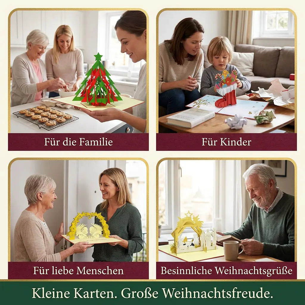 Vier weihnachtliche Alltagsszenen mit Tannenbaumkarte für die Familie, Nikolausstiefel für ein Kind, Engelkarte für liebe Menschen und besinnlicher Weihnachtskrippe.