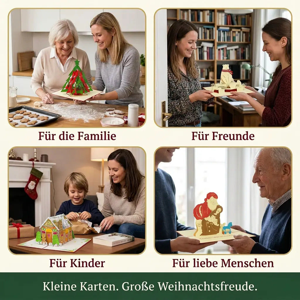 Vier weihnachtliche Geschenkszenen mit Pop-Up-Karten für Familie, Freunde, Kinder und liebe Menschen, darunter ein Lebkuchenhaus für ein Kind.
