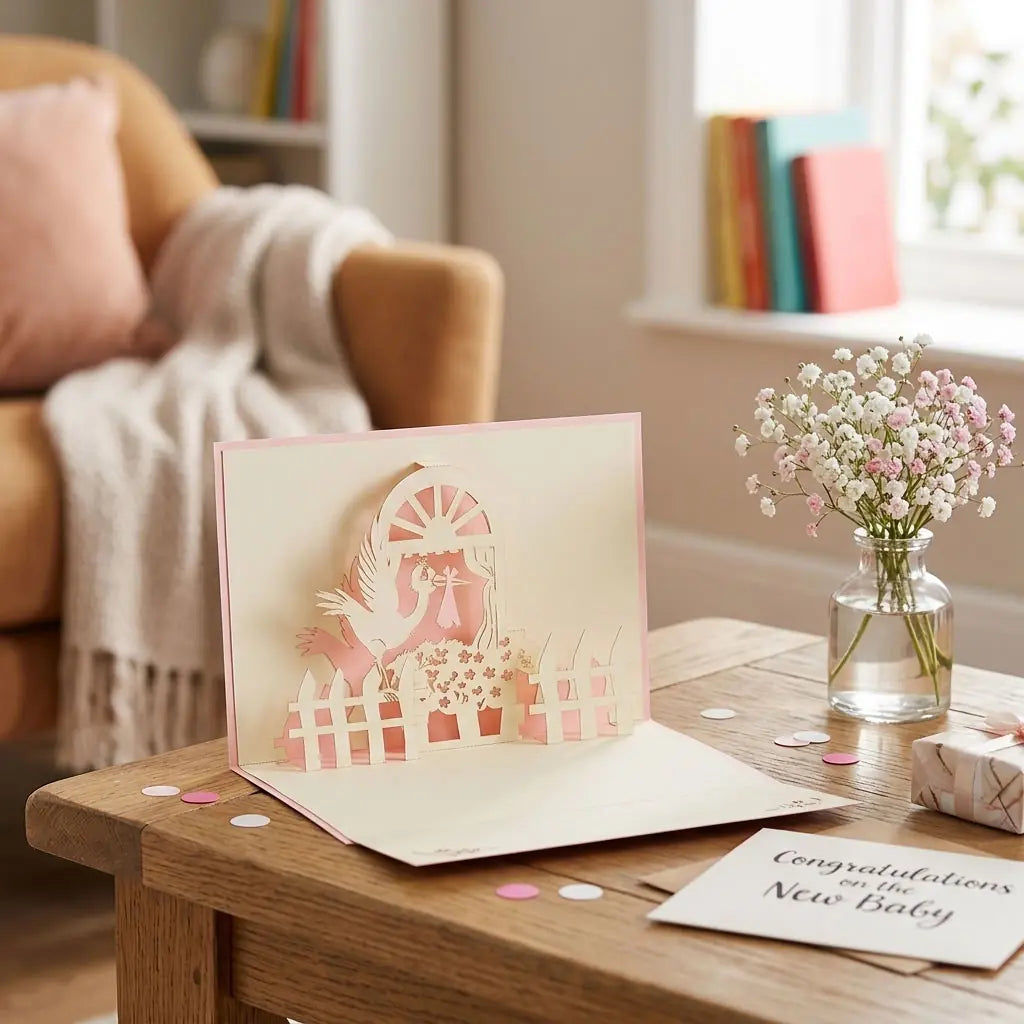 Pop-Up Karte 3D Storch Pink – zur Geburt einer Tochter | LINPopUp LINPopUp 17062-N100