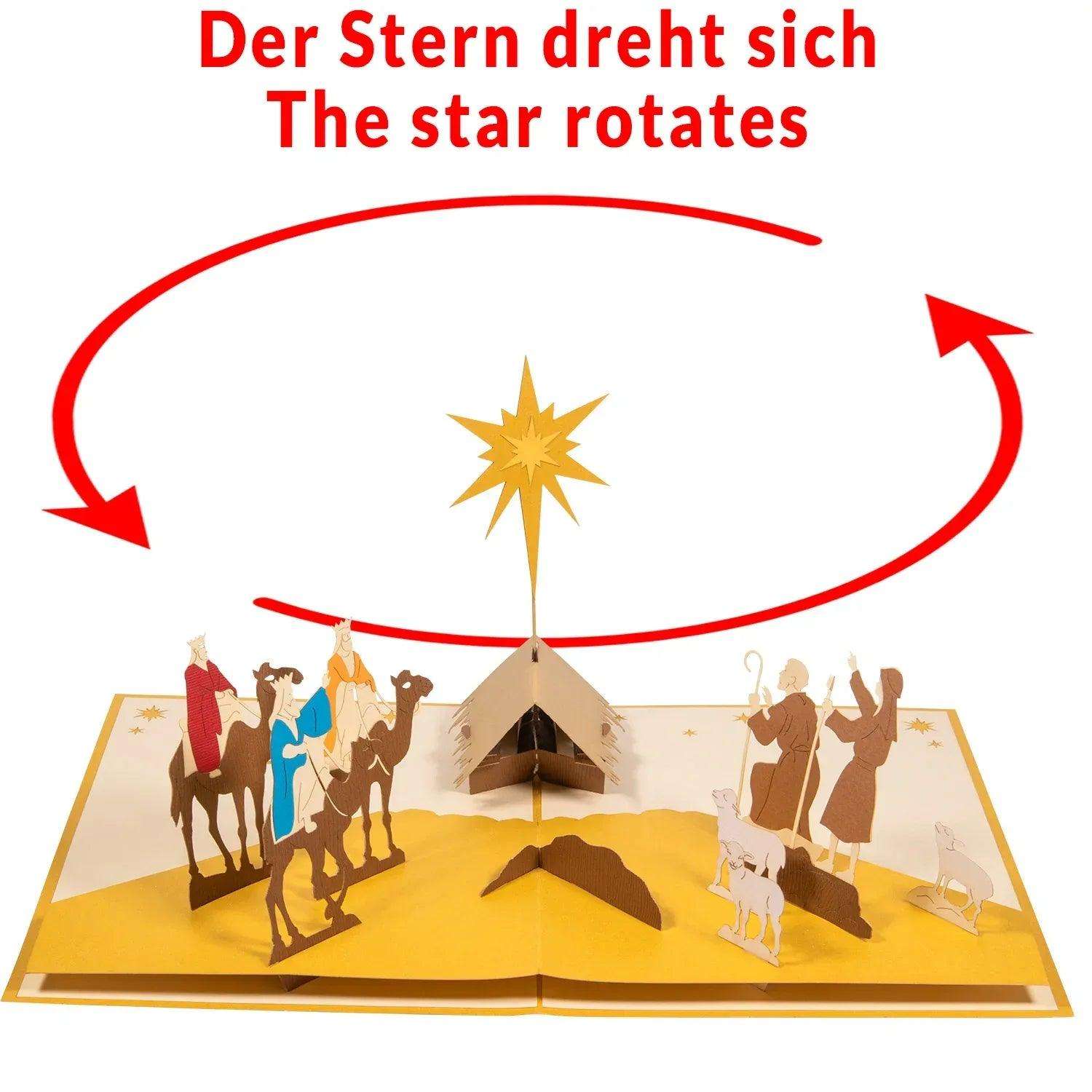 Rotierende 3D Pop-Up Karte Heilige Drei Könige Krippe, Stern, N416 LINPopUp N416