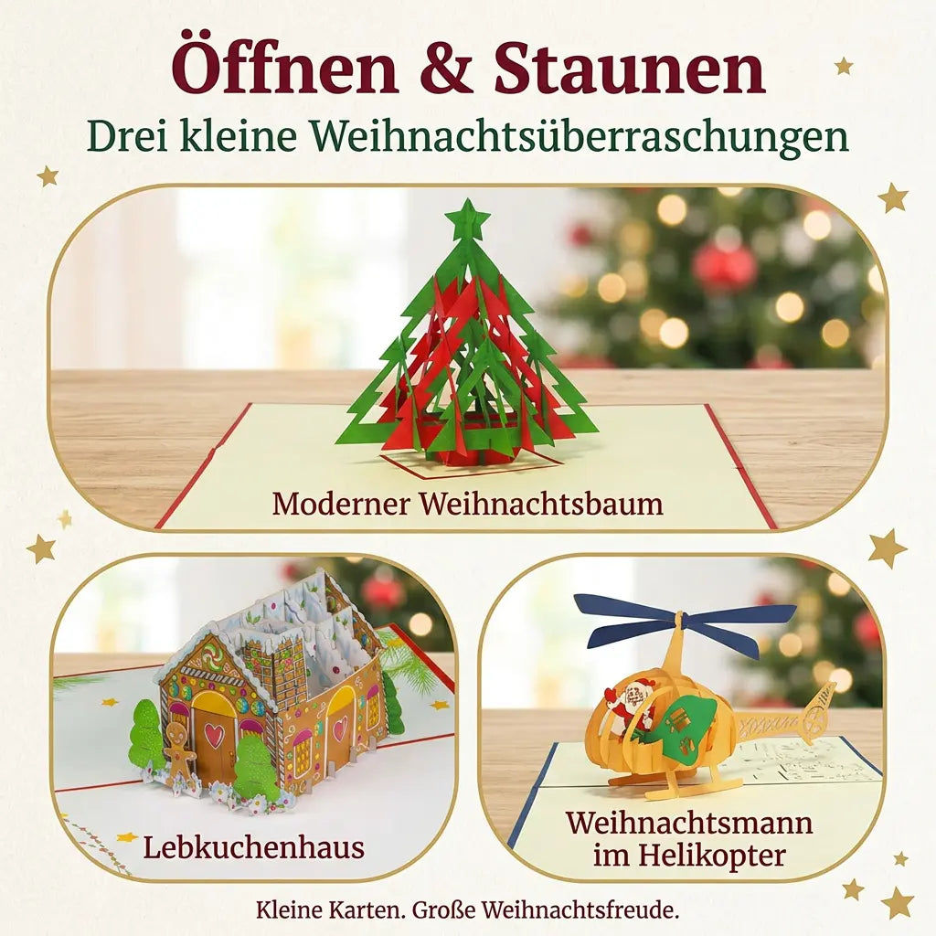 Drei Bildfelder zeigen geöffnete Pop-Up-Karten mit modernem Tannenbaum, buntem Lebkuchenhaus und Weihnachtsmann im gelben Helikopter