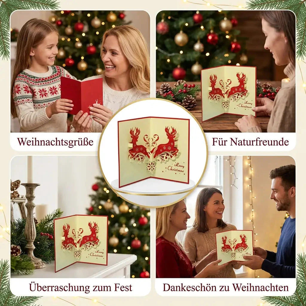 Hirsch-Pop-Up-Weihnachtskarte in vier festlichen Szenen als Weihnachtsgruß, Geschenk für Naturfreunde und Dankeschön