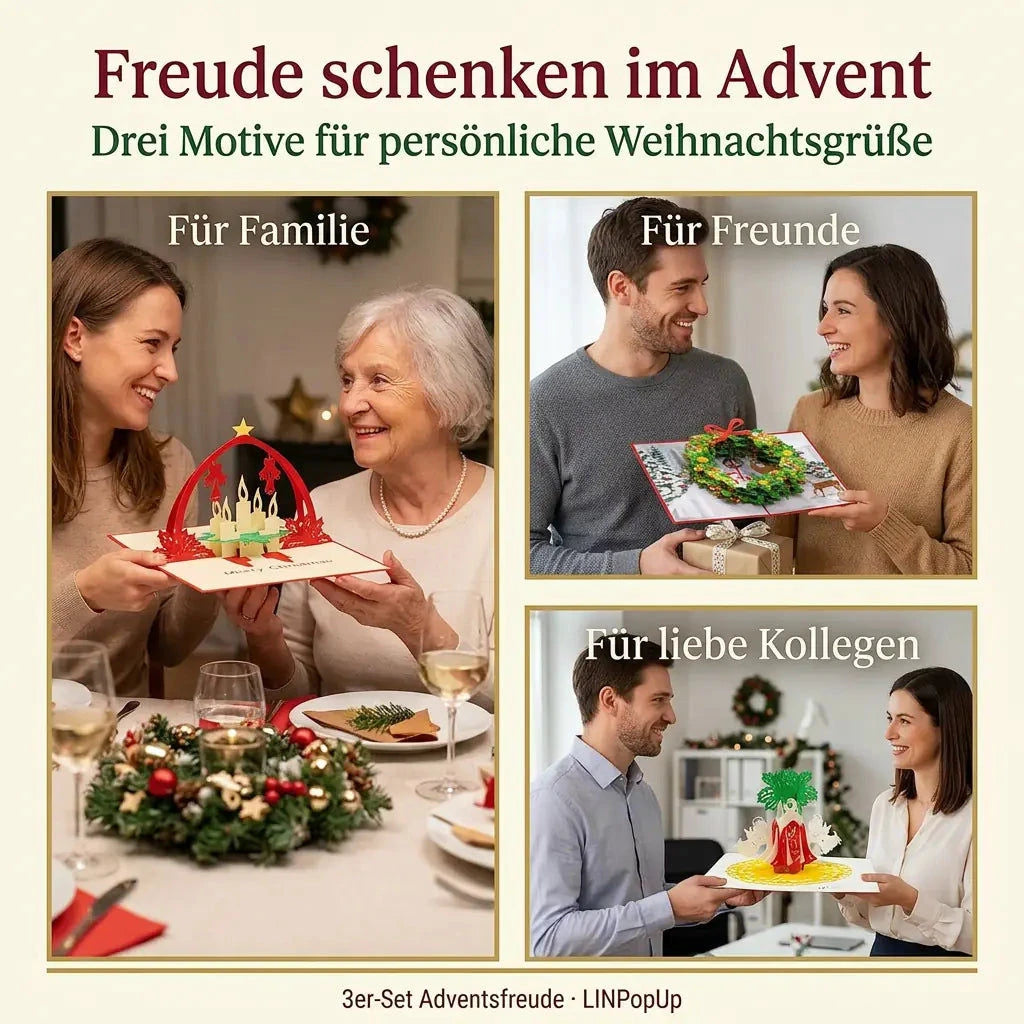 Menschen überreichen Pop-Up-Weihnachtskarten aus dem Set Adventsfreude an Familie, Freunde und Kollegen