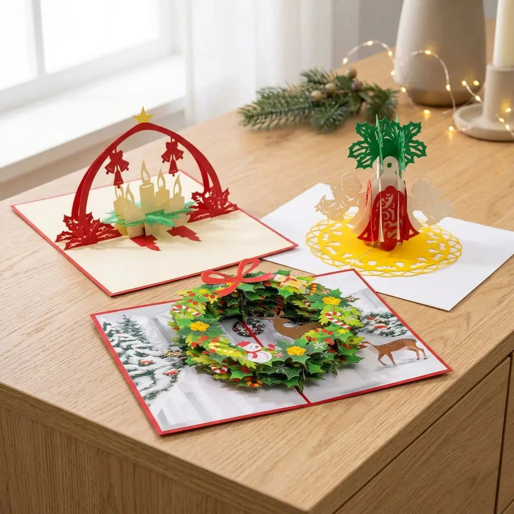Adventsfreude-Set auf einem Sideboard mit flach aufgebautem Weihnachtskranz, Adventskranz und Weihnachtsglocken