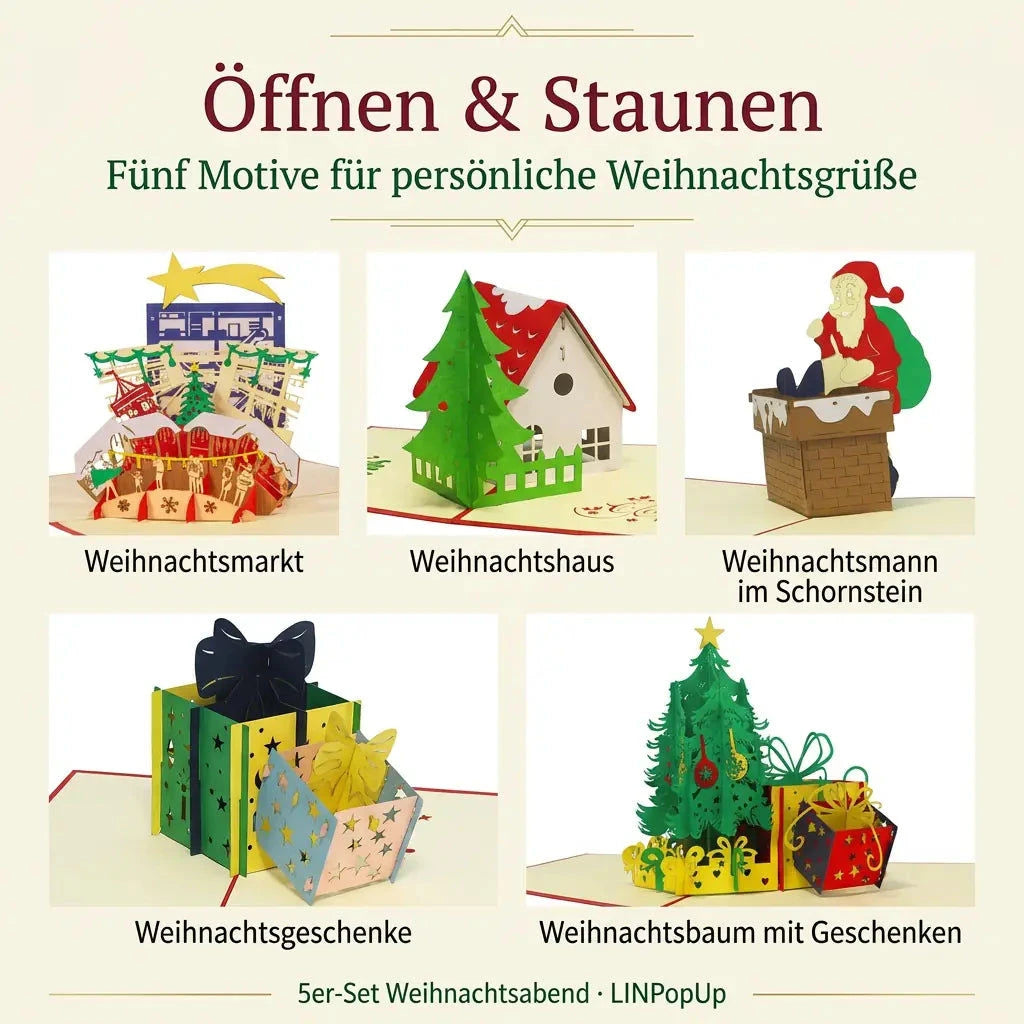 Die fünf geöffneten Pop-Up-Karten des Sets Weihnachtsabend in getrennten Bildfeldern unter der Überschrift „Öffnen & Staunen