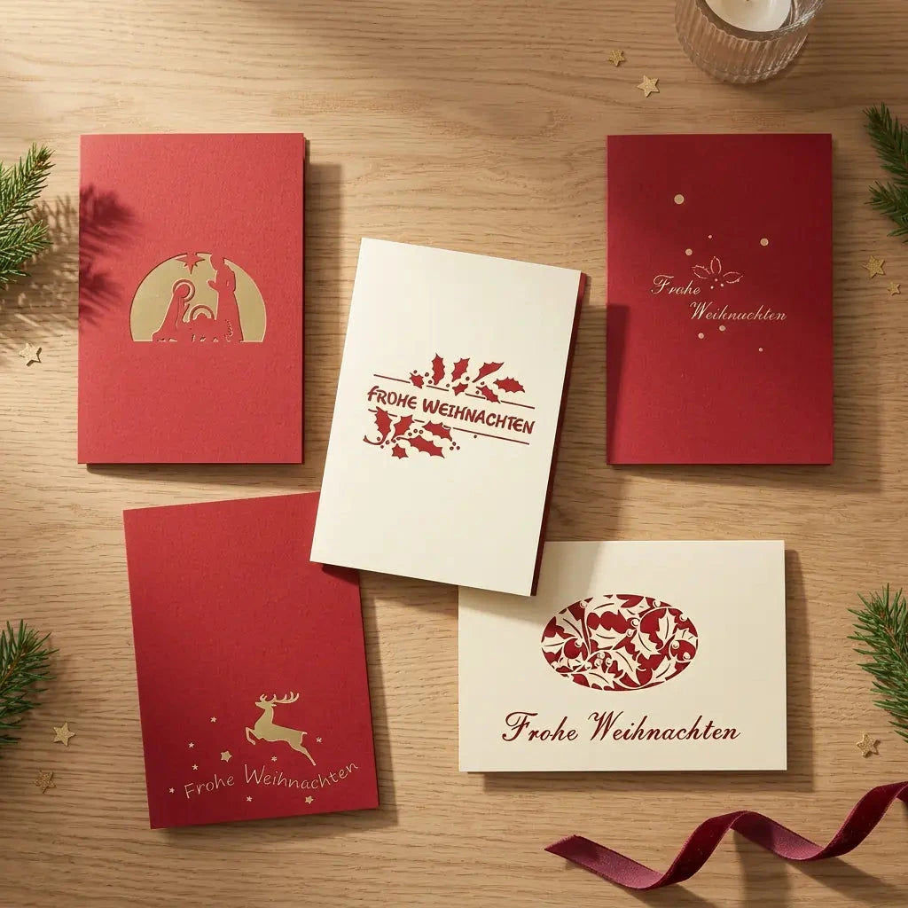 ünf geschlossene Weihnachtskarten des Sets Weihnachtsmomente auf einem Holztisch mit natürlichem Licht und Tannenzweigen.